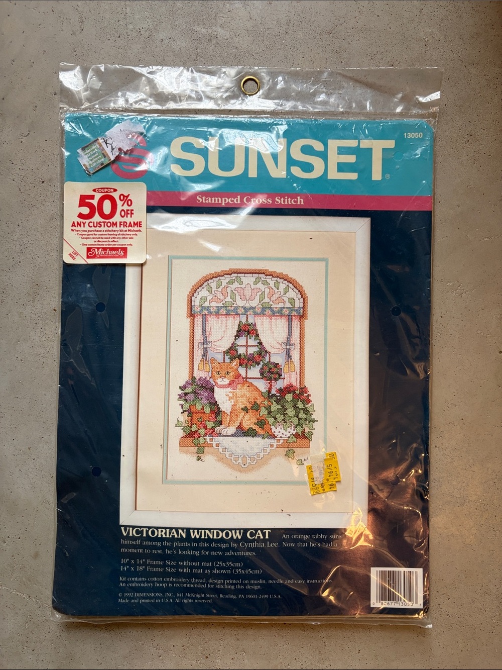 Sunset Victorian Window Cat Stamped Cross Stitch Kit - Cream, Pink, Green